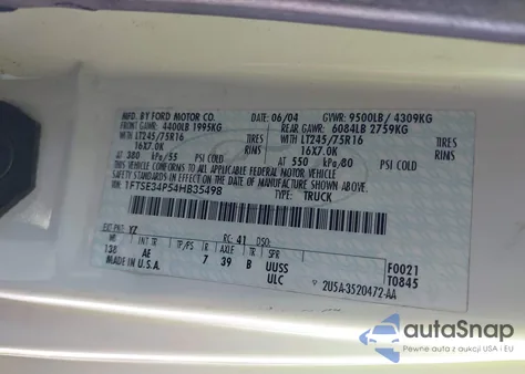 2004 Ford E-350 Super Duty Commercial/Recreational z USA, uszkodzony, nr VIN 1FTSE34P54HB35498